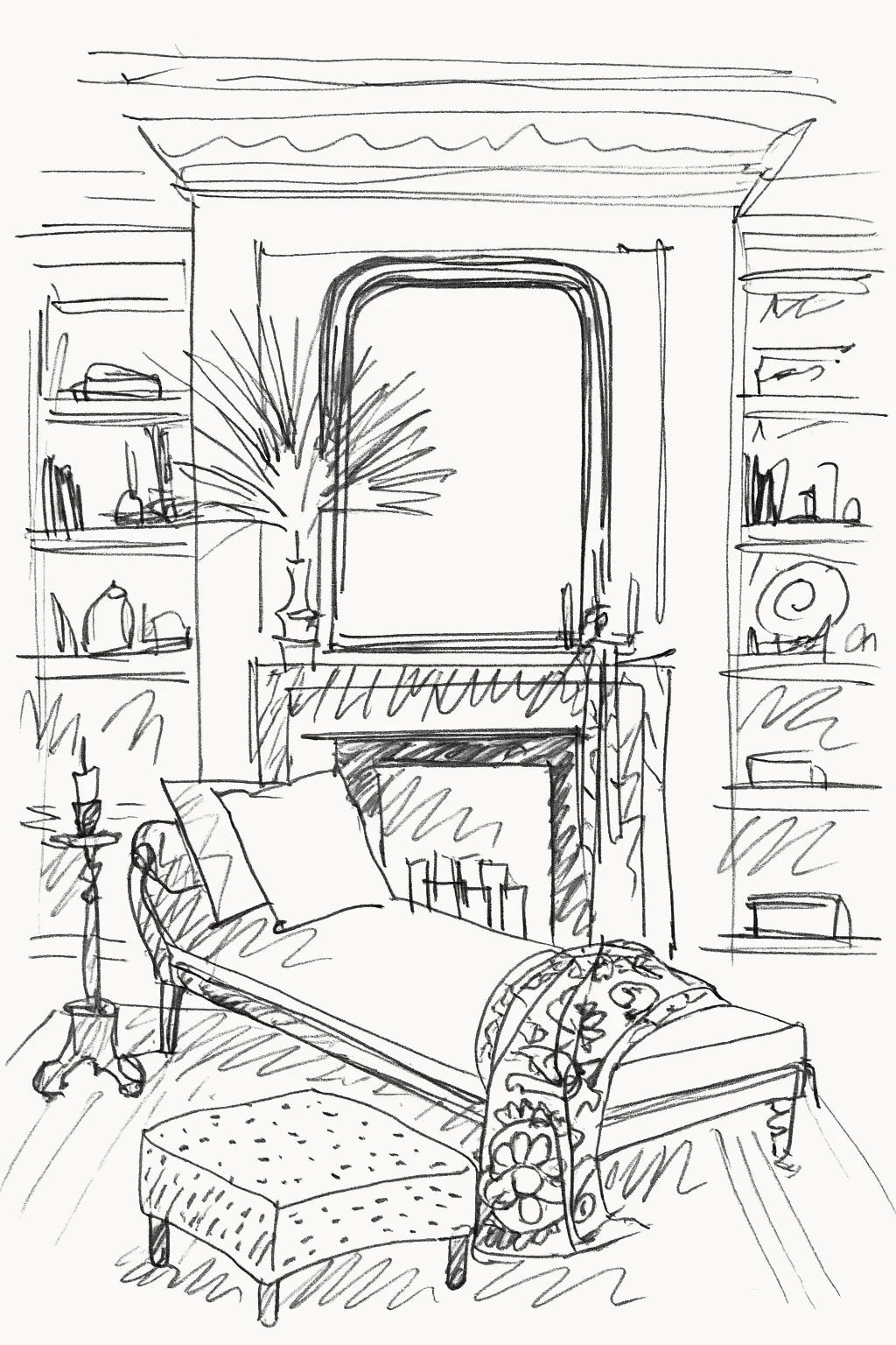 Boceto a mano de un salón con chimenea de mármol, espejo dorado, librerías y chaise longue, de Sandra Vilar Estudio